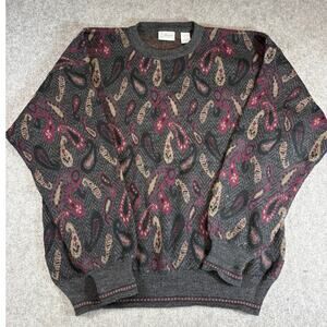 VINTAGE Maglificio Florence Sweater Mens Gray Paisley Merino Wool Grandpa 90s XL